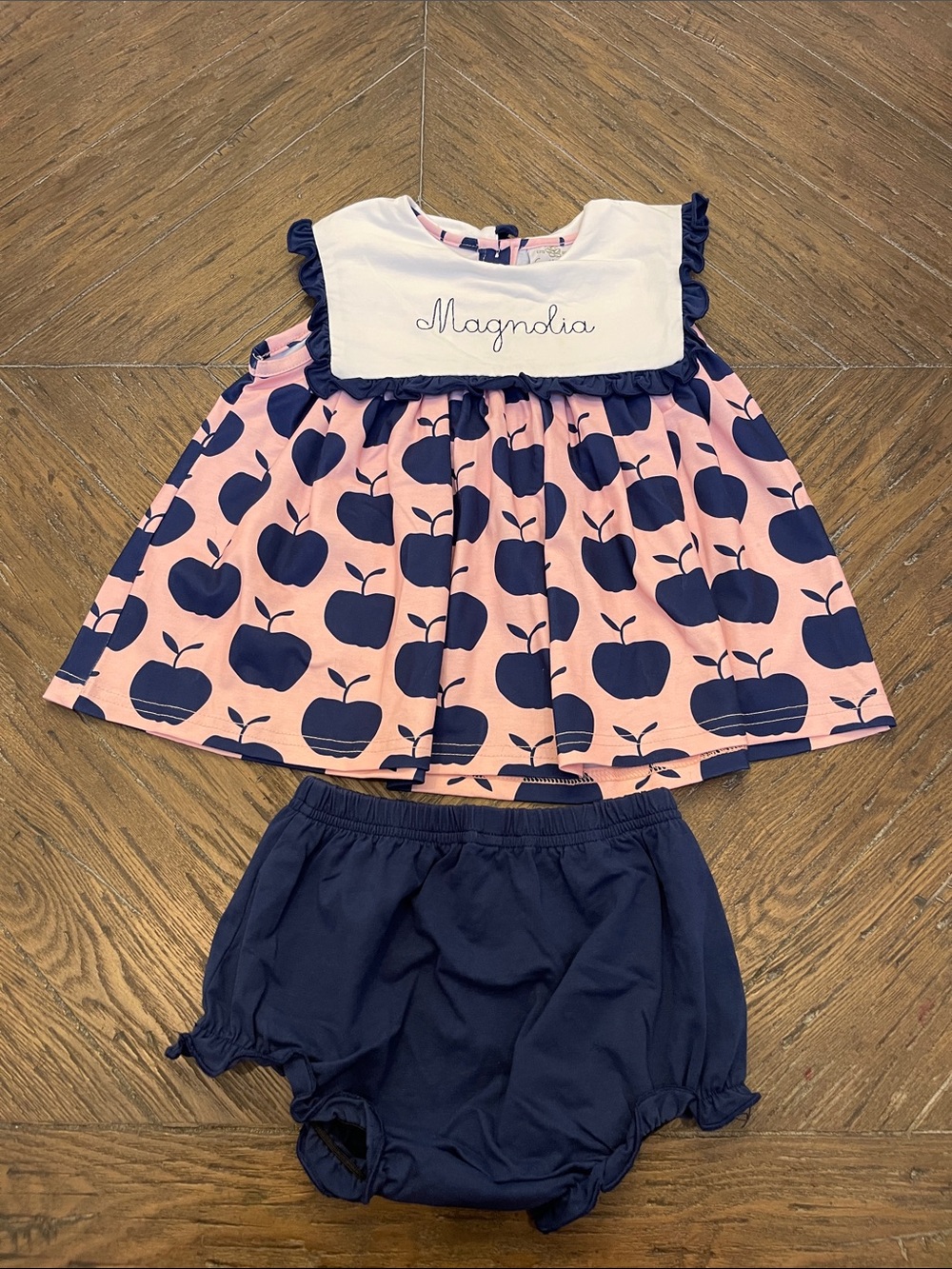 Sew Magnolia Pink and Navy Apple Print Dress with Navy Bloomers Magnolia